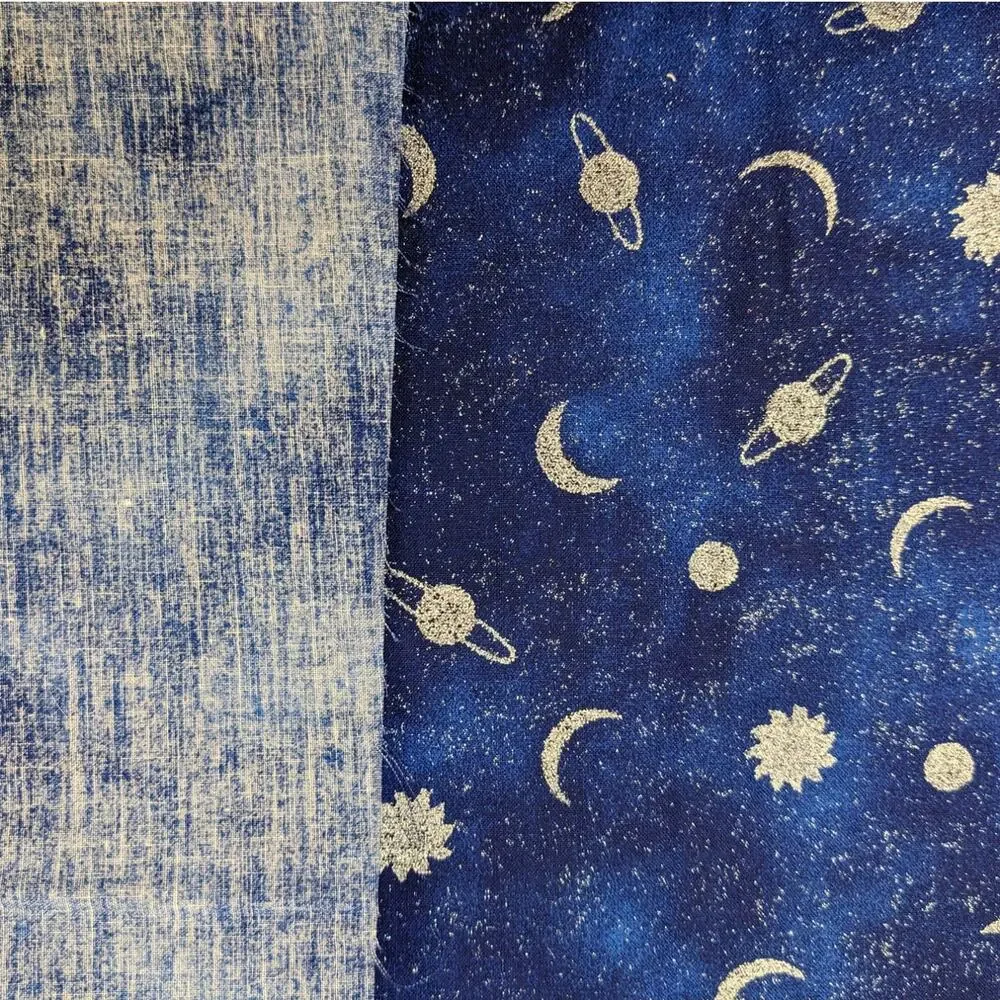 5.75 Yds Vintage Glittery CELESTIAL STARS SUN PLANETS Blue Cotton Stretch Fabric